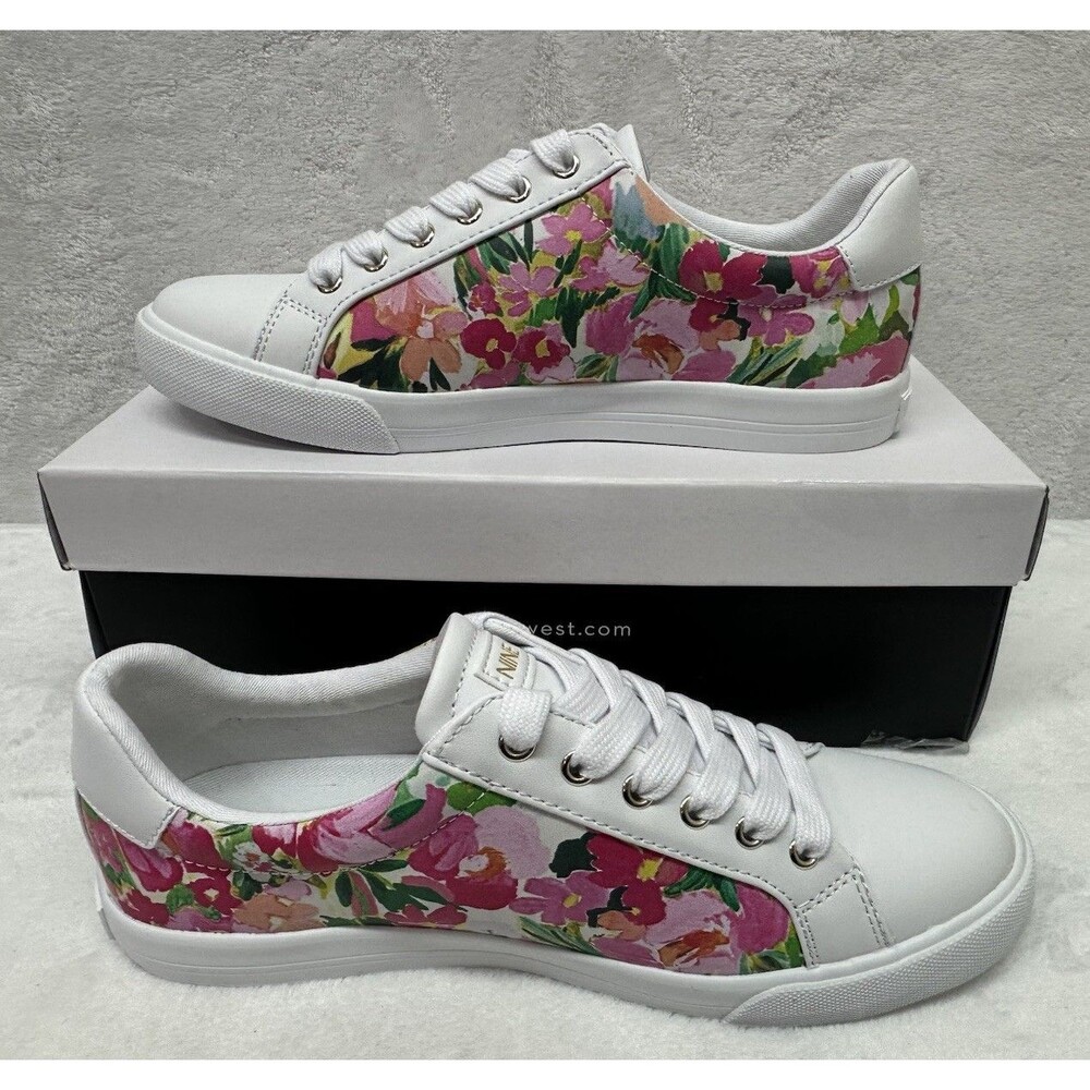 Nine West Women’s Floral Low Top Sneakers 6.5 Pink White Lace Up Casual Shoes